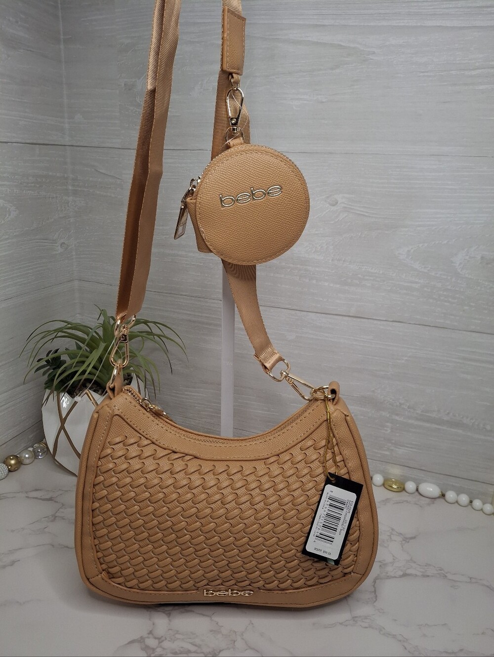bebe Woven Crossbody Bag Coin Pouch NWT Camel
